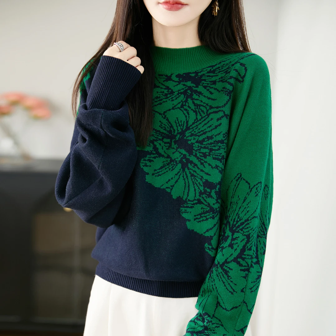 半高领撞色提花针织打底衫女2025新款洋气大码女装上衣秋冬毛衣