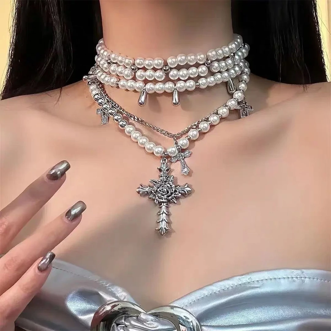 锌合金仿珍珠吊坠 珍珠多层叠戴项链轻奢小众高级感锁骨链珍珠