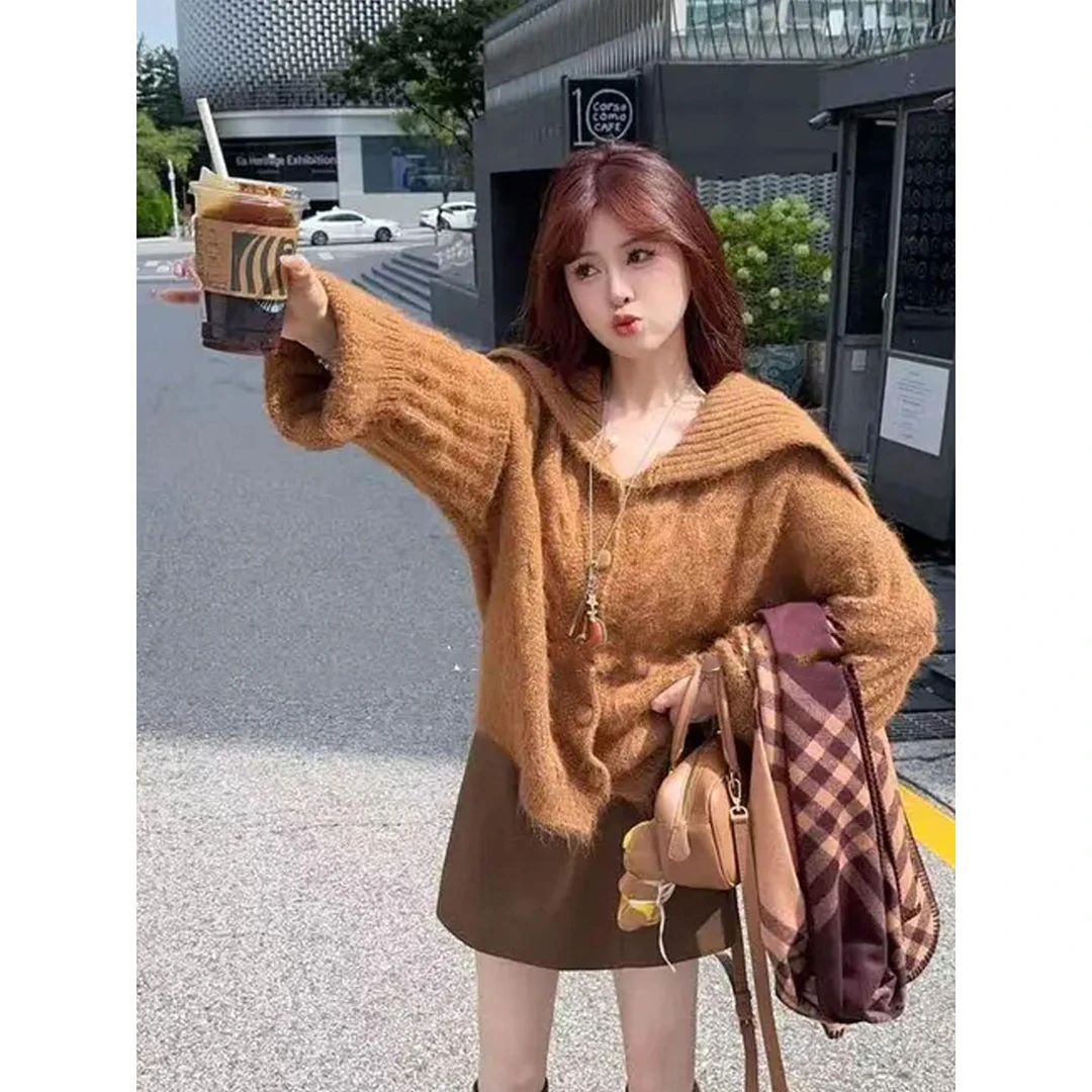 超好看软糯大翻领马海毛毛衣女秋冬宽松慵懒风高级感高领针织开衫