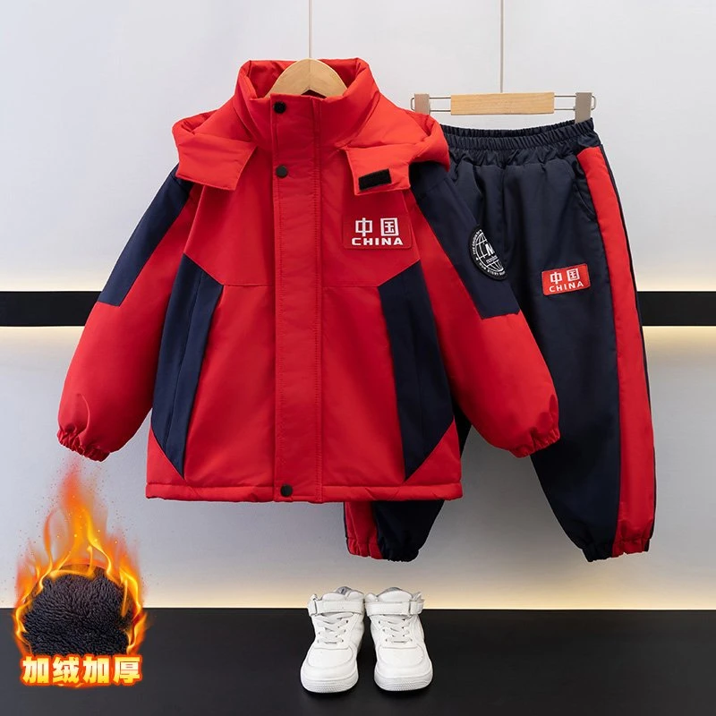 冬季适用11岁中大童通用聚酯纤维加绒印花有帽不可拆拉链衫两件套