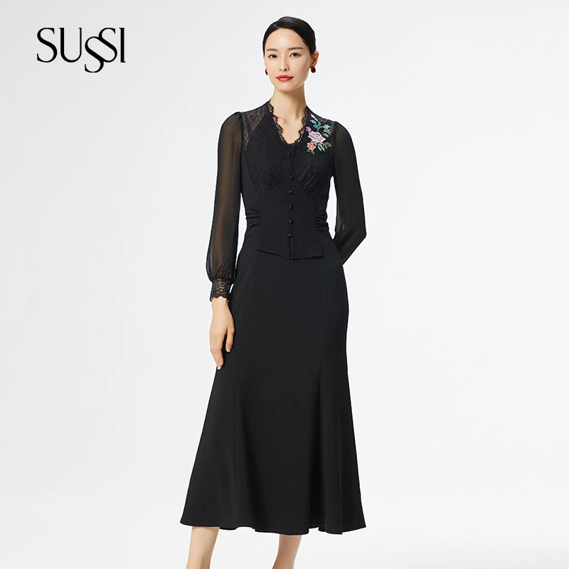 【繁星】SUSSI/古色25商场同款贴花显瘦黑色花边V领高腰连衣裙女