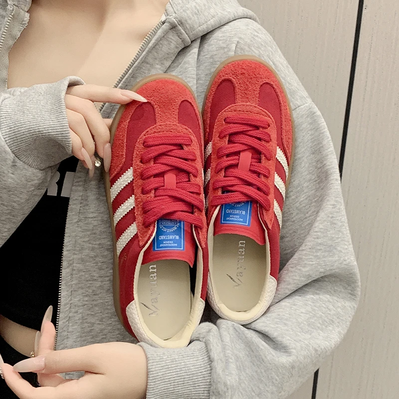 红色复古德训鞋女2025夏季新款真皮厚底阿甘鞋拼色板鞋运动休闲鞋
