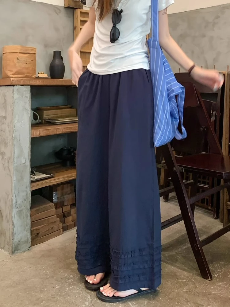 韩系设计感木耳边休闲裤女2025夏季新款设计感高腰显瘦阔腿长裤子