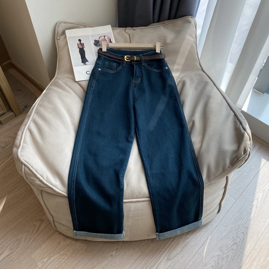 Barbie 辣酱 8392 【男友裤】卷边明线中高腰显瘦窄版阔腿牛仔裤