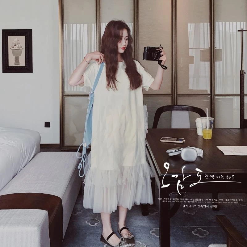 韩版设计感时尚甜酷风网纱拼接连衣裙女2025年夏季新款宽松T恤裙