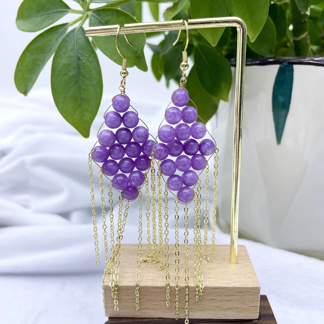 紫色锂辉石耳环女款长流苏新中式耳坠百搭国风耳勾首饰品448