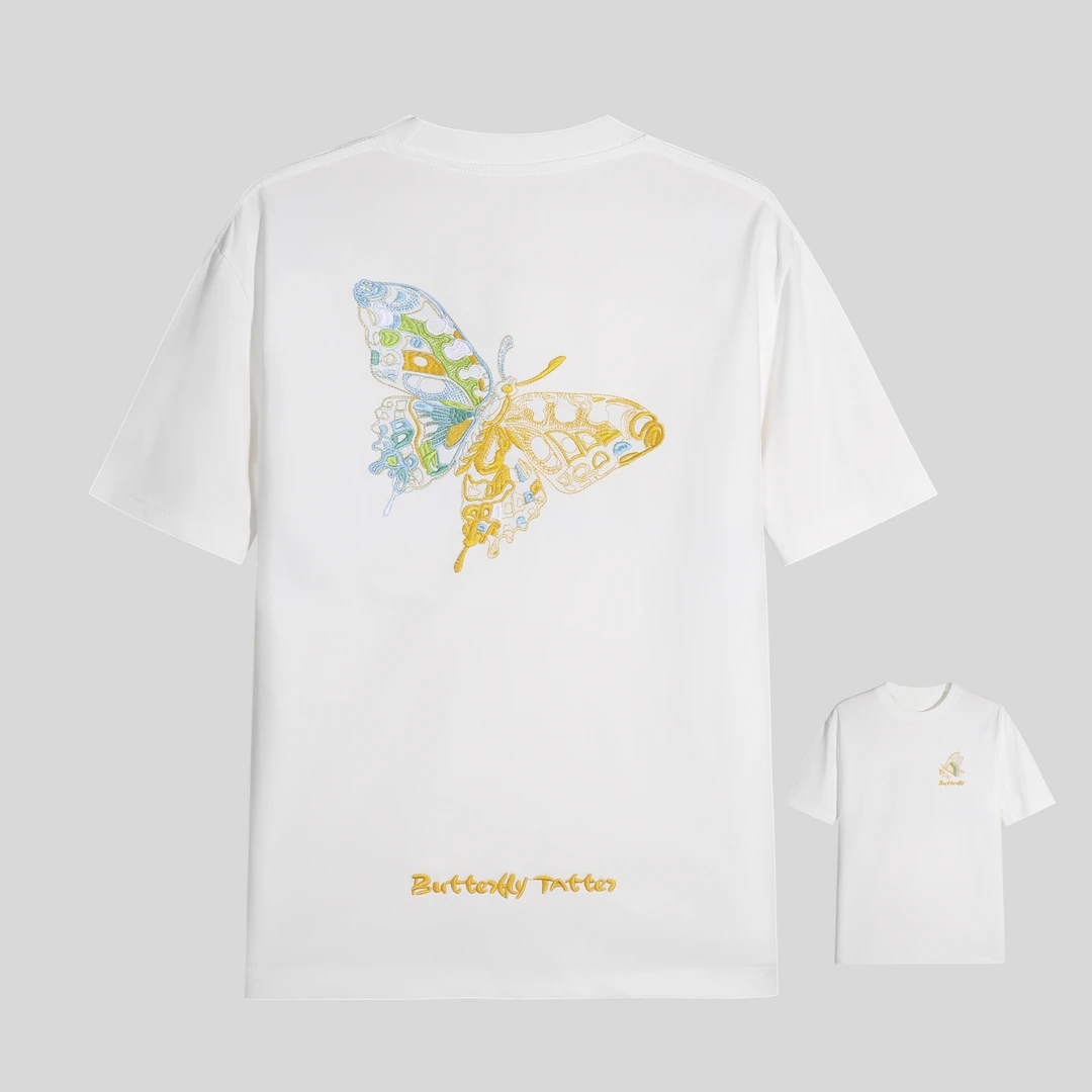 225重磅国潮蝴蝶中国风刺绣短袖T恤男夏季新款欧货圆领半袖体恤