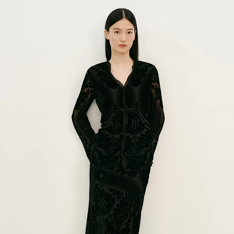 【商场同款】HPLY荷比俪25春丝绒光泽感图案通勤上衣HMF11610192T