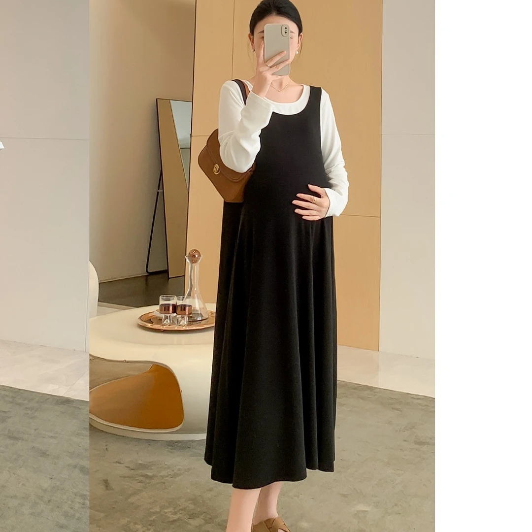 ZMA孕妇装【假两件连衣裙】春秋莱赛尔高级感穿搭新款夏季a字长裙