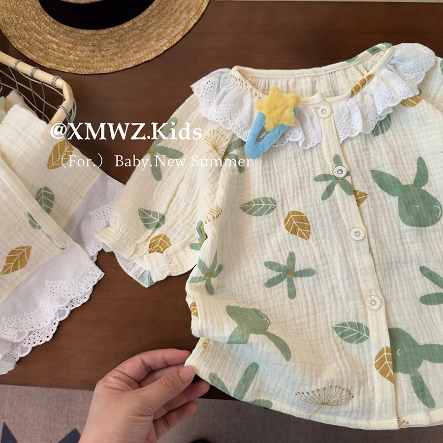 童装女童短袖长裤韩版家居服套装舒适薄款休闲卡通纯棉睡衣两件套