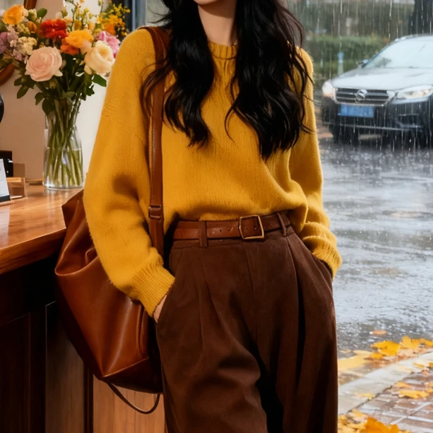 韩系气质时尚百搭宽松显瘦针织上衣休闲小众别致黄色毛衣女