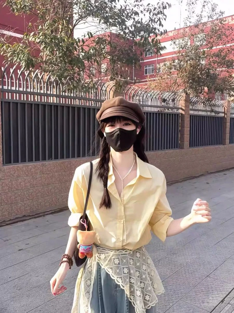 法式蕾丝披肩黄色长袖衬衫女秋季小众设计感衬衣收腰屁帘拼接上衣