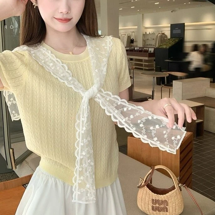 大码胖mm韩版设计感蕾丝披肩针织短袖T恤女2025爆款显瘦上衣#052