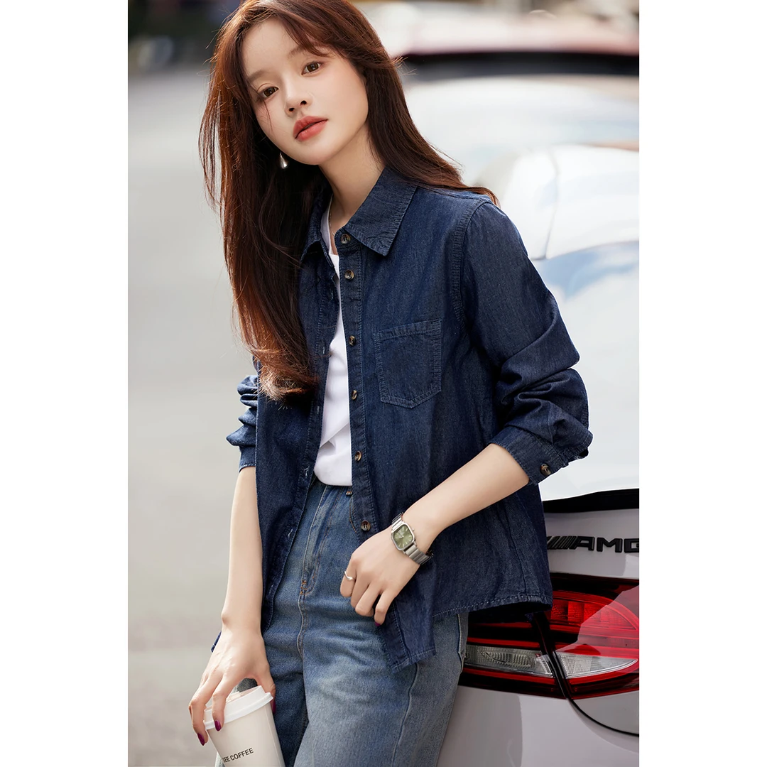 沫晗依美100%棉复古水洗牛仔原色衬衫2025春季复古宽松牛衬衫上衣