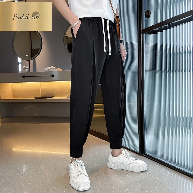 PinkAvril九分裤男潮牌垂感哈伦束脚裤显瘦休闲冰丝男裤夏季薄款