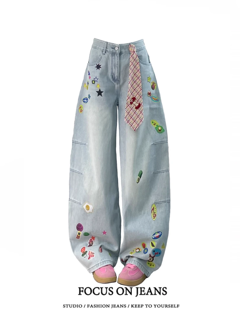 美式趣味卡通弯刀牛仔裤女2025夏季新款宽松显瘦阔腿直筒拖地裤子