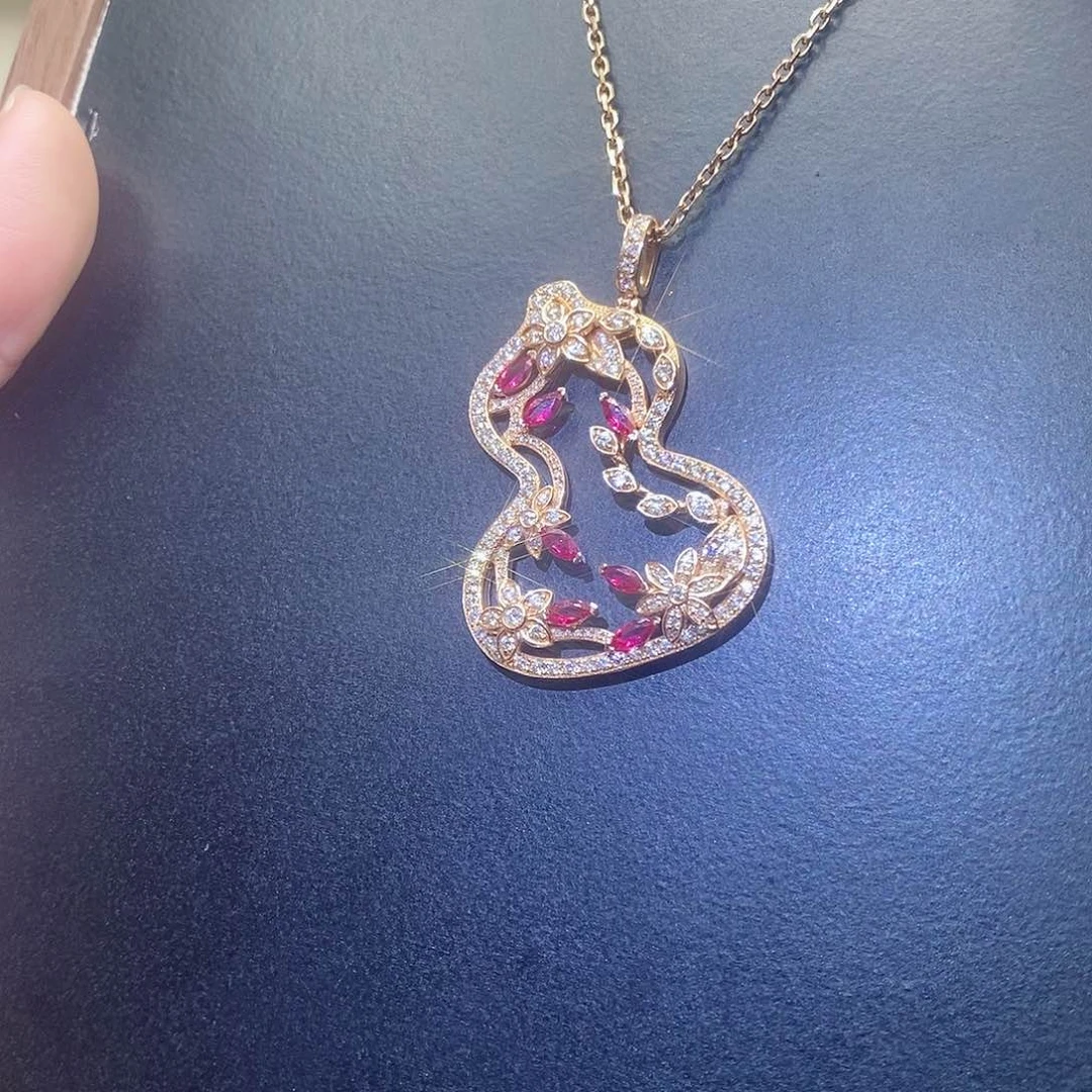 钻石项链18K金镶嵌红宝石梅花大葫芦k玫