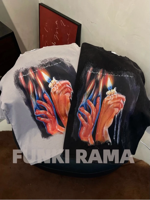 FR【手势火焰】抽象印花嘻哈美式百搭宽松休闲情侣同款T恤短袖