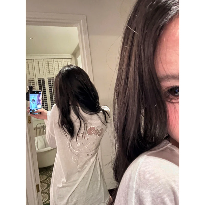 韩版休闲Kitty镂空睡衣女款夏季慵懒风长袖短裤套装家居服可外穿