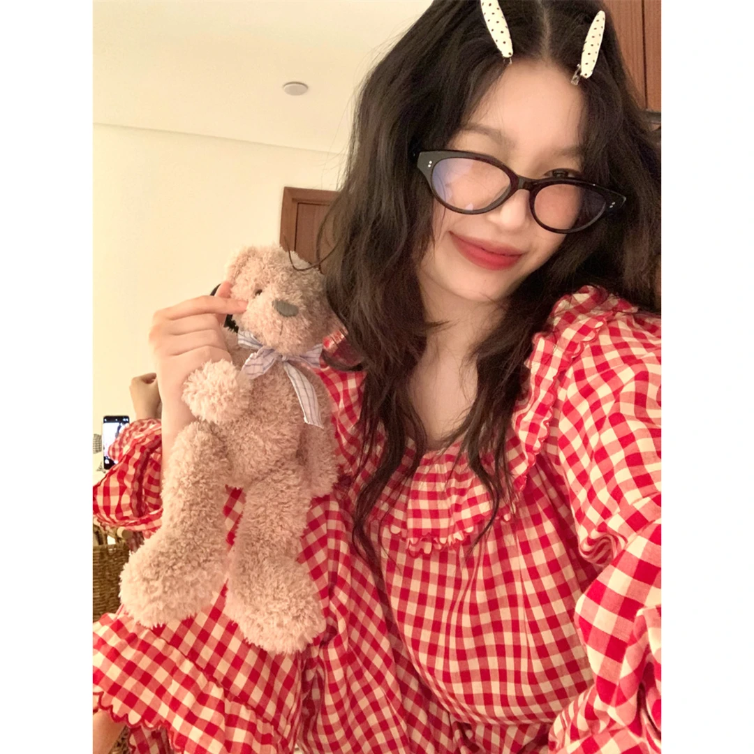 新年圣诞红色格子娃娃领纯棉睡衣女春秋季长袖长裤少女家居服套装