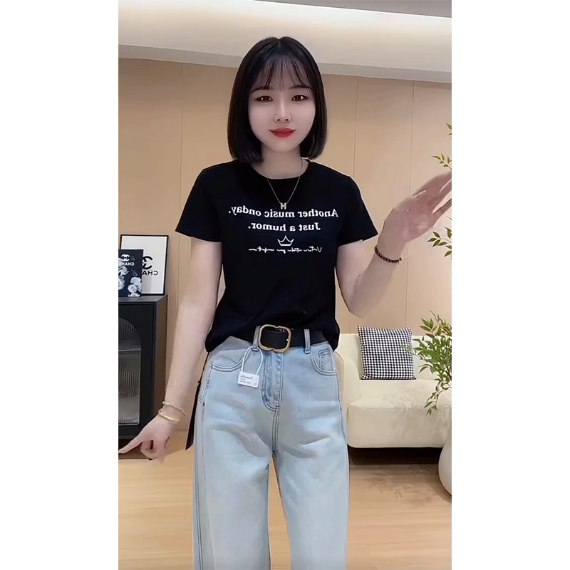 欧货2025夏季新款时尚字母印花显瘦百搭休闲洋气正肩上衣女