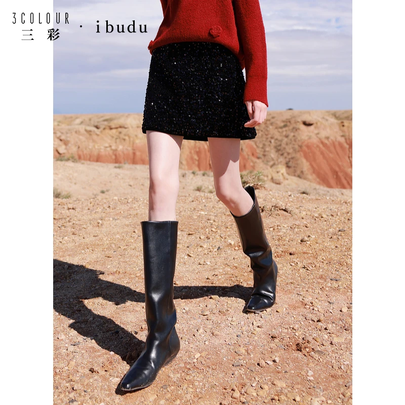 三彩ibudu2025春季新款复古高腰半身裙丝绒亮片短裙小A裙修身女