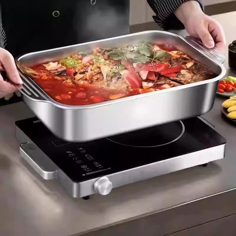 316L不锈钢烤鱼盘家用长方形烤鱼专用烤盘加厚食品级电磁炉专用锅