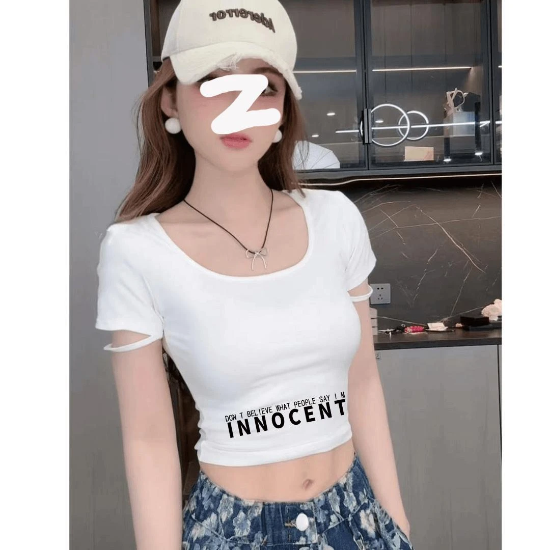 白色夏季清凉紧身甜欲印花圆领设计感短袖T恤女辣妹短款个性款潮