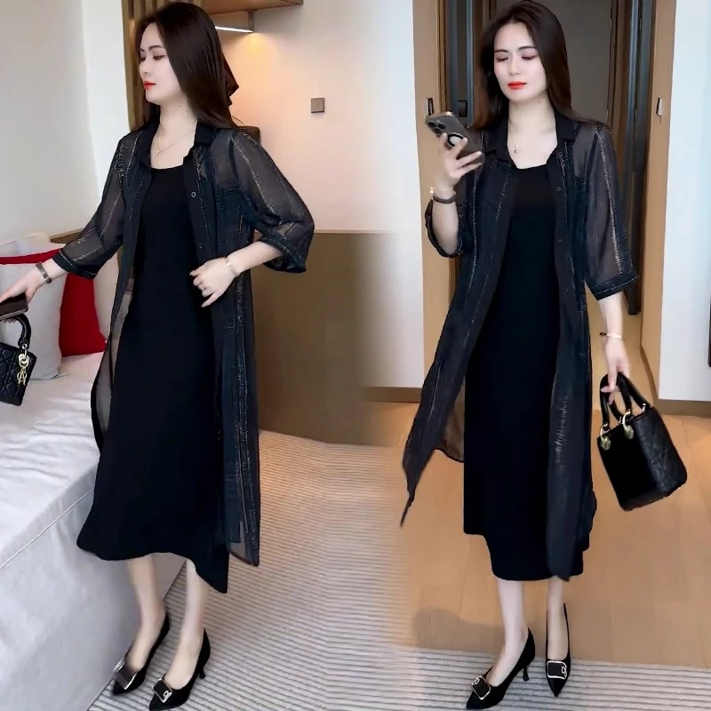 洋气勾花镂空薄外套吊带裙两件套女2025夏季新款遮肚外披气质套装