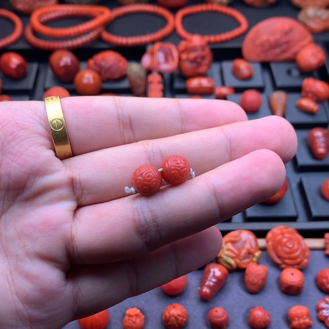 南红玛瑙未镶嵌南红精工雕刻回纹圆珠对珠9.5mm