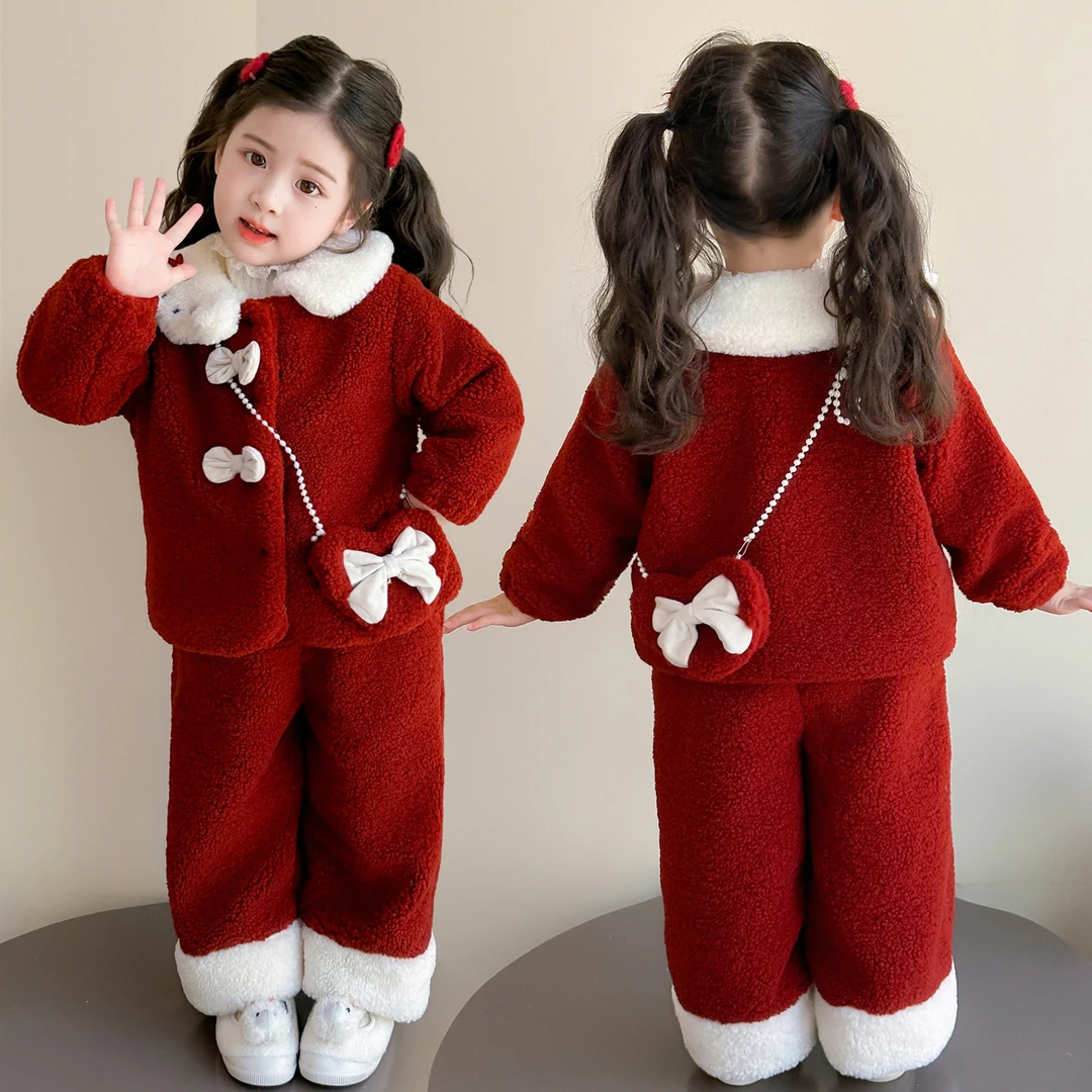 女童加绒加厚套装冬季2025新款红色女宝宝洋气穿搭儿童秋冬装衣服