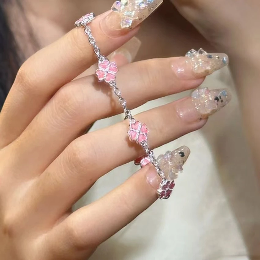 足银手链 老凤凰6541号足银990粉色爱心四叶草手链幸运四叶草