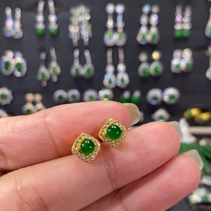 【闪购商品】翡翠耳饰银S925镀金镶嵌