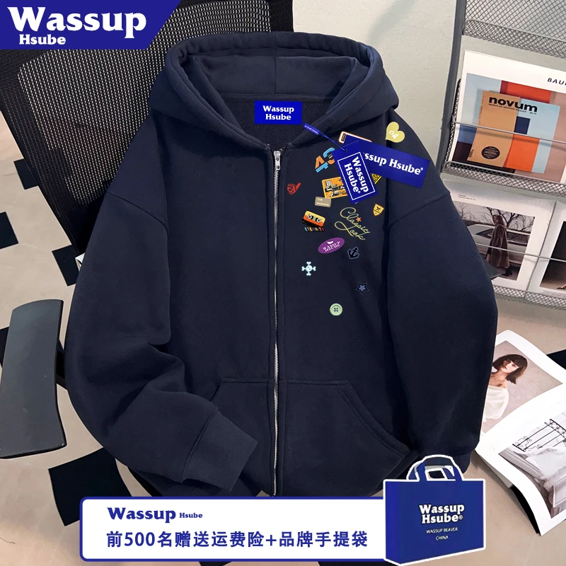 WASSUP HSUBE秋冬季男连帽卫衣藏青色开衫贴纸照片印花全拉链外套
