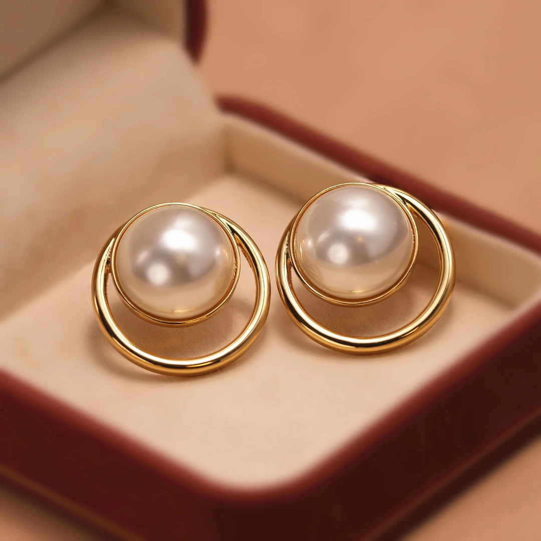 铜合金仿珍珠耳饰 法式复古高级感几何圆环耳环女简约耳钉耳饰ins