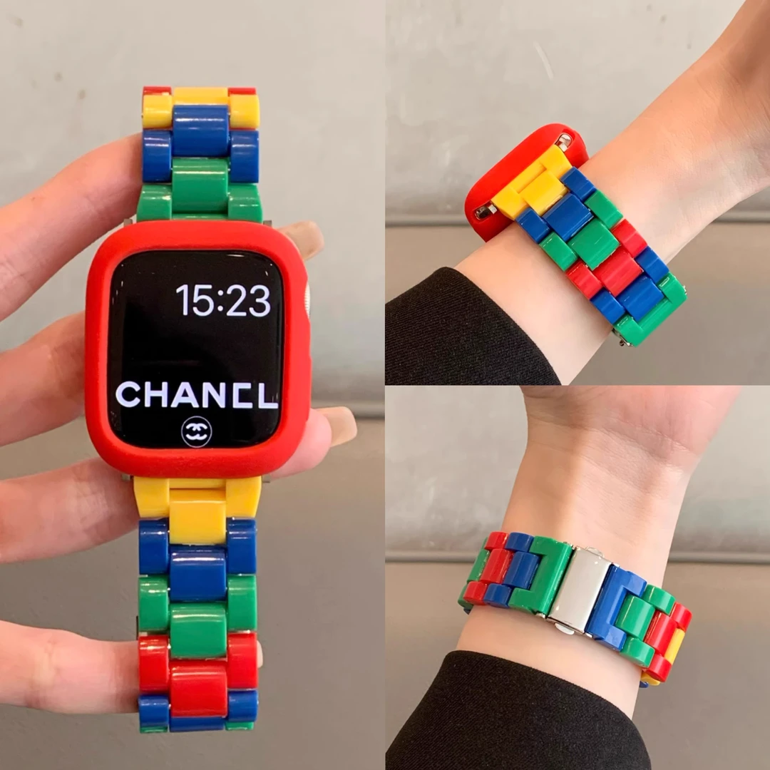 适用苹果iwatchs10表带三株树脂乐高applewatch9拼色积木卡通可爱