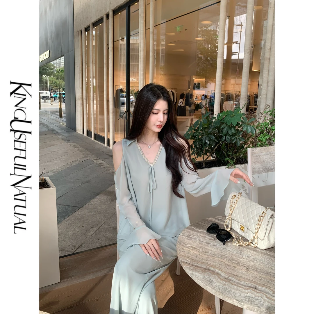 KUN【浅南亭】灵动设计 特调浅绿露肩设计纤细身形珍珠扣长裤套装