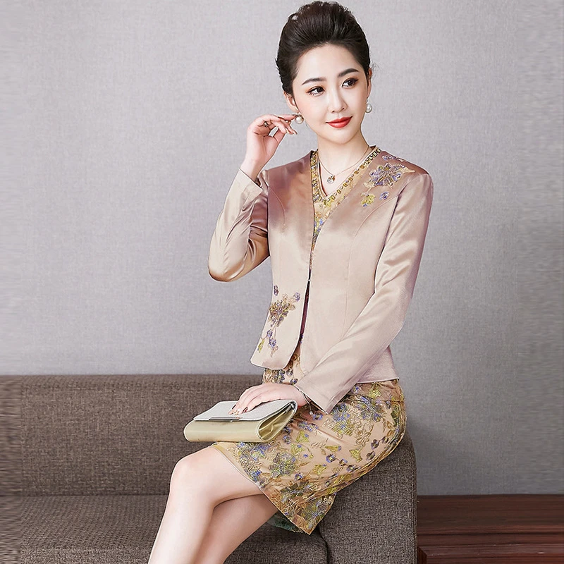 婚礼中年妈妈装新款女礼服裙刺绣丈母娘喜婆婆婚宴两件套一件代发