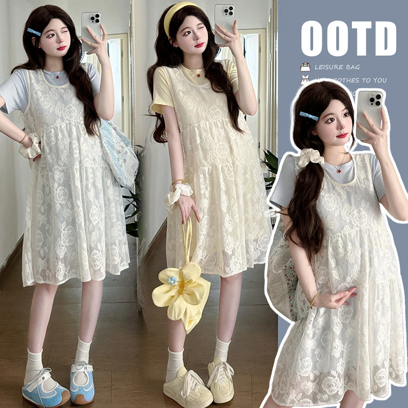 2025夏季新款韩系温柔系宽松蕾丝罩衫+T恤裙连衣裙套