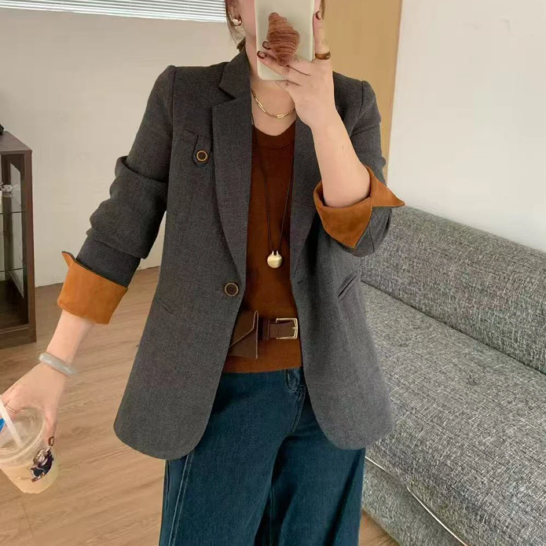 冬款老钱风翻领拼色袖毛呢西装外套666