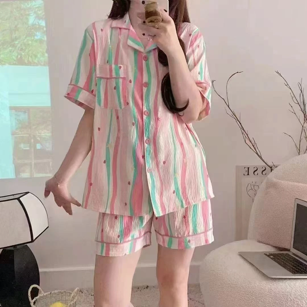 B829粉绿条开扣双短家居套装