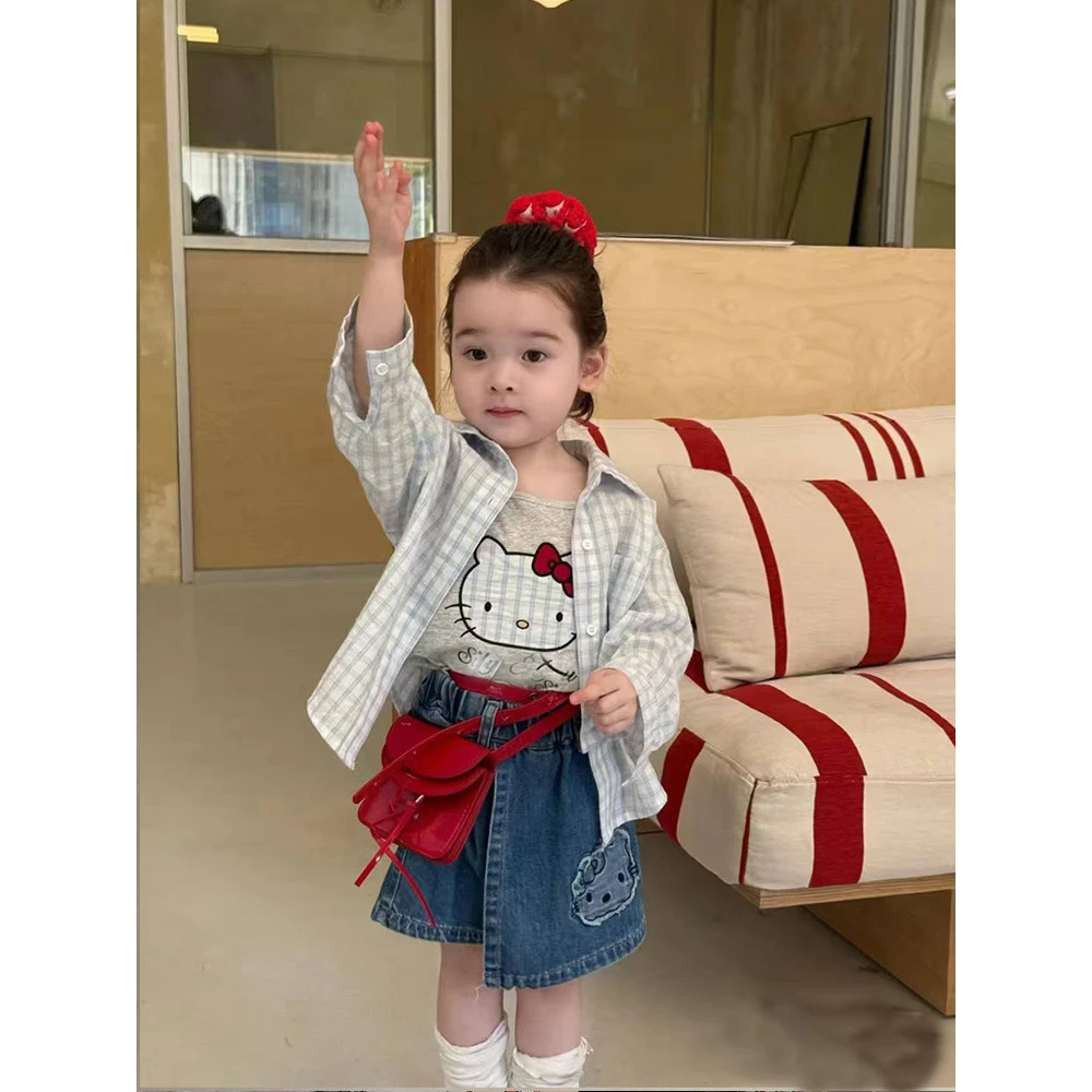 女童套装25夏季新款小童韩版卡通猫吊带格子衬衫牛仔半裙三件套薄