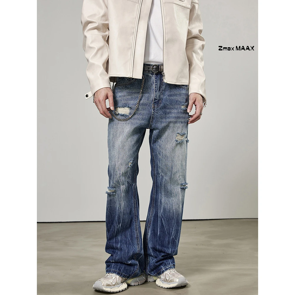 Zmax【2025夏季新系】美式破洞牛仔裤男宽松直筒休闲裤