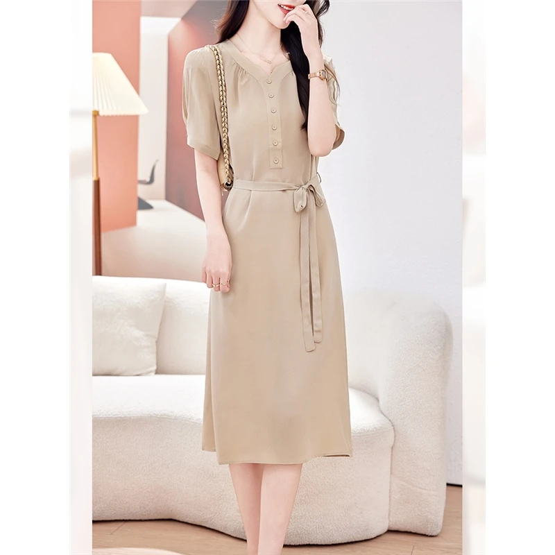 高端时尚暗纹双绉桑蚕丝中长款夏季短袖连衣裙显瘦气质洋气轻奢