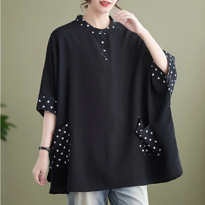 200斤妈妈装文艺大码复古棉麻衬衫拼接宽松藏肉休闲立领短袖上衣