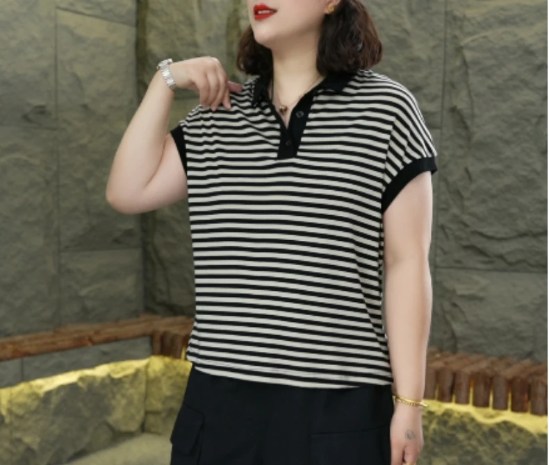 夏季条纹翻领三粒扣短袖休闲百搭简约气质T恤
