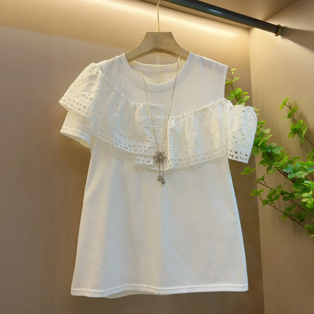 时尚夏季新款气质设计款肩膀镂空百搭宽松短袖上衣（长62左右）