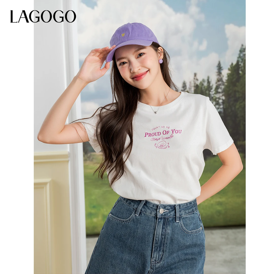 lagogo拉谷谷2025年新款新疆棉纯棉珠光宝气贝壳T女OATT314GF7