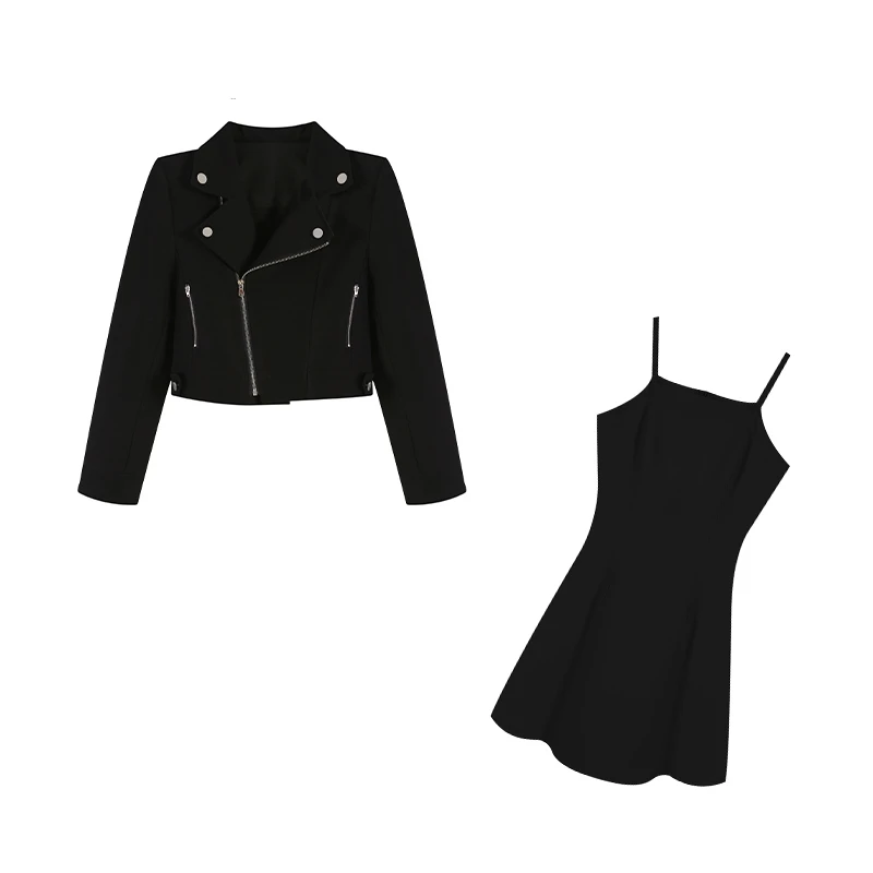 五季家通勤气质显瘦黑色/粉色上衣加吊带裙套装ZL92239裙子