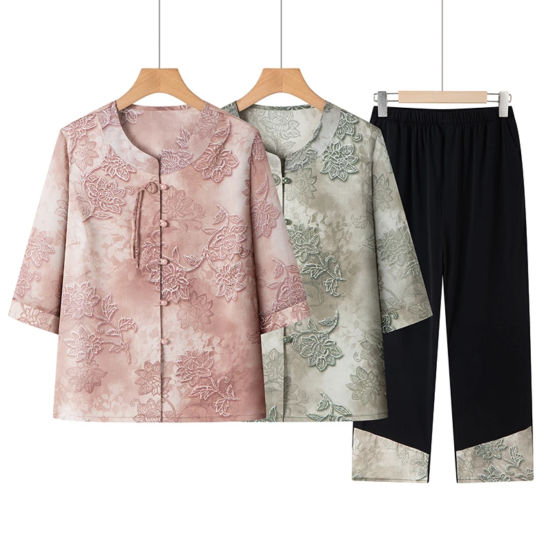 夏装衬衫中老年奶奶夏季七分大码上衣衬衣女装套装妈妈老太太衣服